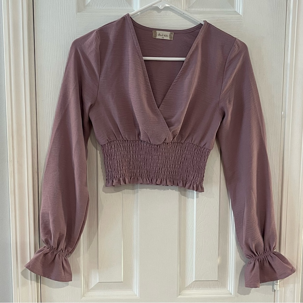 Altar'd State Mauve Smocked Cropped V Neck Blouse Boho Size XS